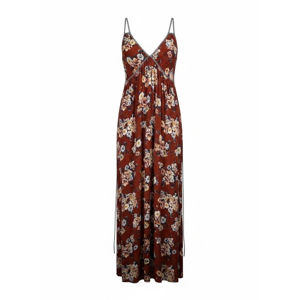 Prairie, 70s Festival Boho Floral Maxi Dress Rust Brown M Cottagecore Whimsigoth